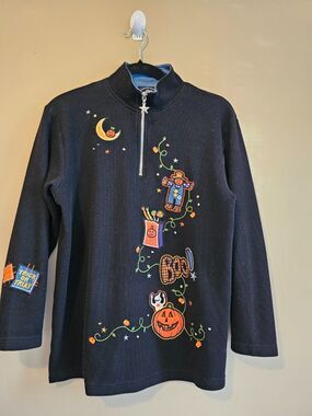 Moving Bleu 1/4 zip Sweater Womens small  Halloween Embroidered Denim
